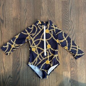NWOT Lizzy x Tottini Girls Long Sleeve Swimsuit, Navy with Gold Chains, Size 5